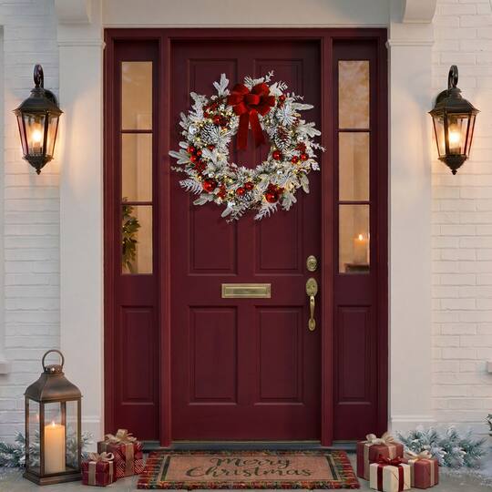 Puleo International 32" Pre-Lit Red Ornaments & Pinecones Flocked Artificial Christmas Wreath